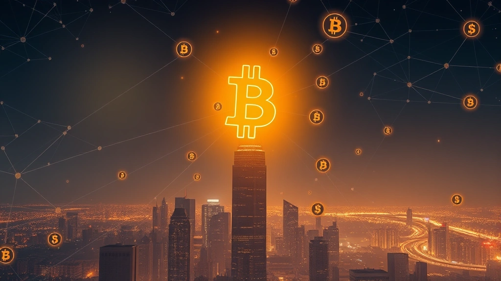 Artistic rendering of a glowing Bitcoin symbol rising above a cityscape at night, surrounded by digital currency symbols and blockchain network connections, conveying growth, technology adoption, and financial innovation