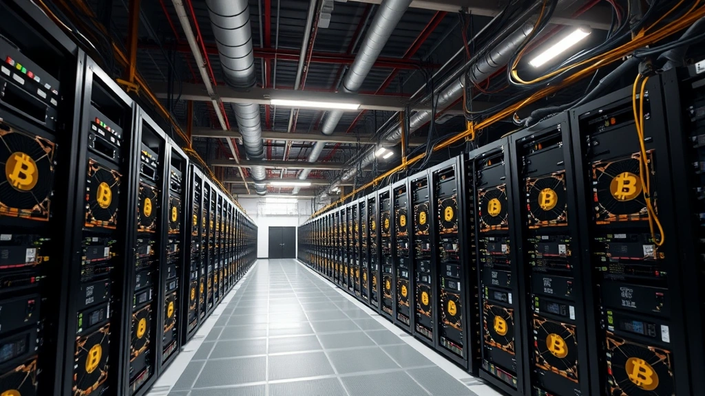 Bitcoin mining farm with rows of specialized ASIC mining hardware running under industrial lighting, demonstrating supply dynamics and network security infrastructure