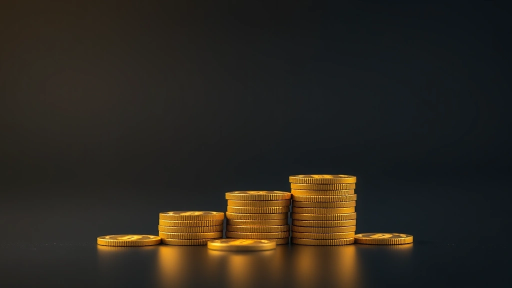 Abstract visualization of Bitcoin supply scarcity concept: diminishing stacks of golden coins transitioning to fewer coins at the top, representing halving mechanism, minimalist design with depth of field