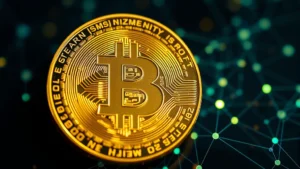 Close-up of Bitcoin gold coin showing intricate cryptographic patterns and network nodes glowing beneath translucent surface, representing blockchain technology and decentralization