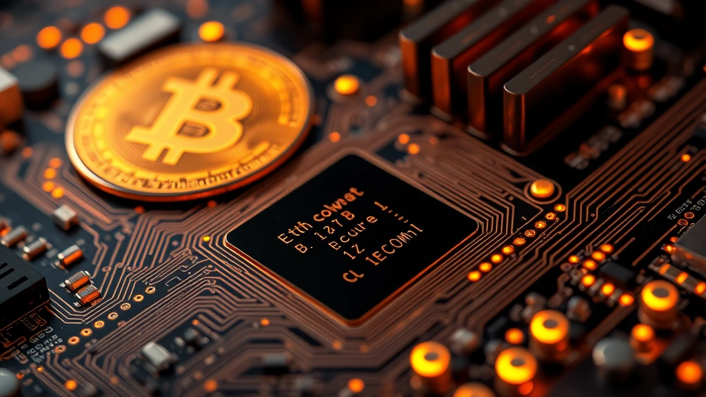 Detailed macro photograph of computer circuit board with glowing elements and data streams, representing the computational power and mining infrastructure securing the Bitcoin network