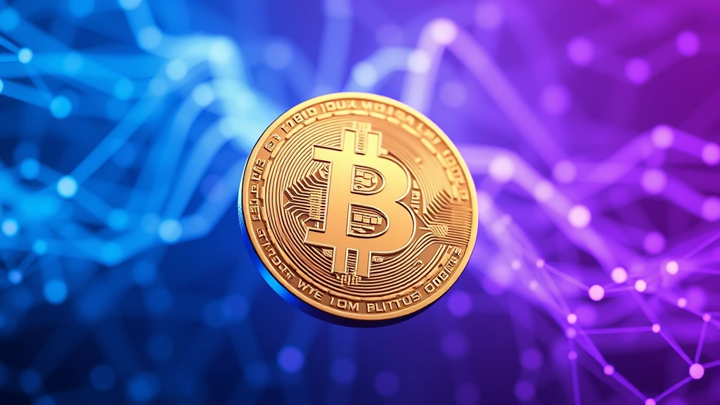 Digital representation of Bitcoin cryptocurrency coin floating in abstract blue and purple light streams, photorealistic 3D rendering, blockchain network visualization in background, no text or numbers