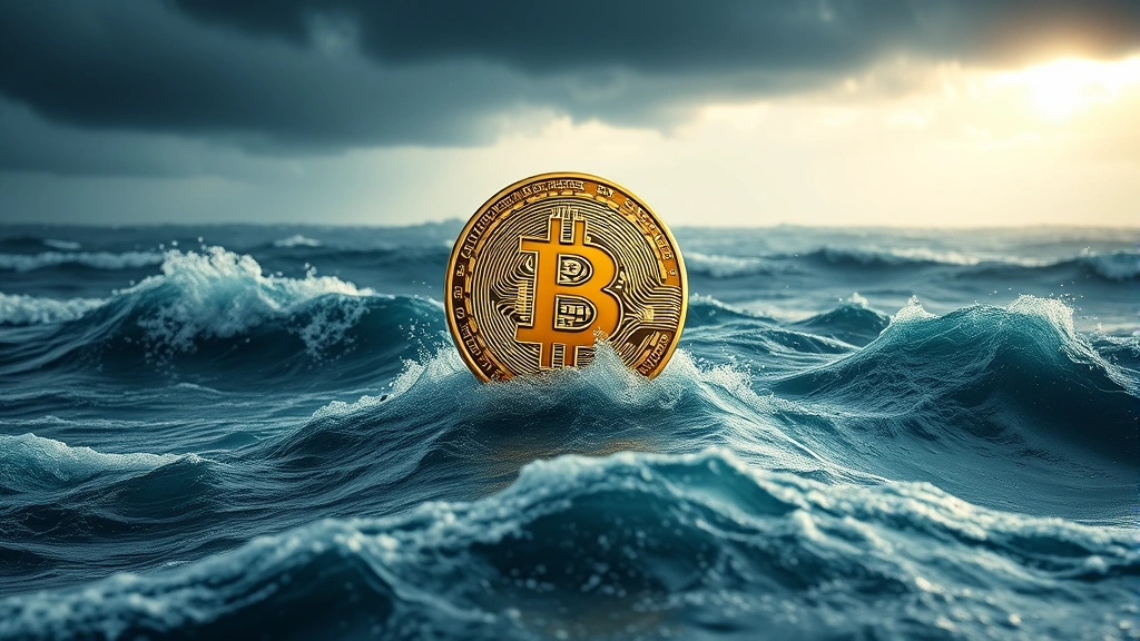 Digital Bitcoin coin suspended above turbulent ocean waves during storm, photorealistic 3D rendering with dramatic lighting and dark clouds