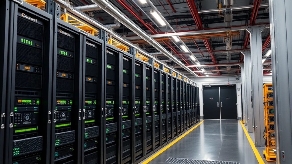 Bitcoin mining farm with rows of specialized ASIC computers running in industrial warehouse facility with cooling systems, photorealistic, no text