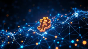 Futuristic digital visualization of Bitcoin blockchain technology with glowing network nodes and interconnected data streams, abstract cryptocurrency concept art, dark background with blue and gold accents