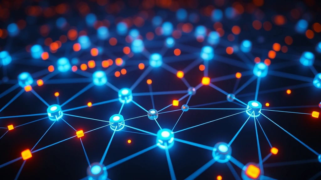 Digital representation of Bitcoin blockchain network with interconnected nodes glowing in blue and orange, showing data transmission across decentralized system, photorealistic 3D visualization