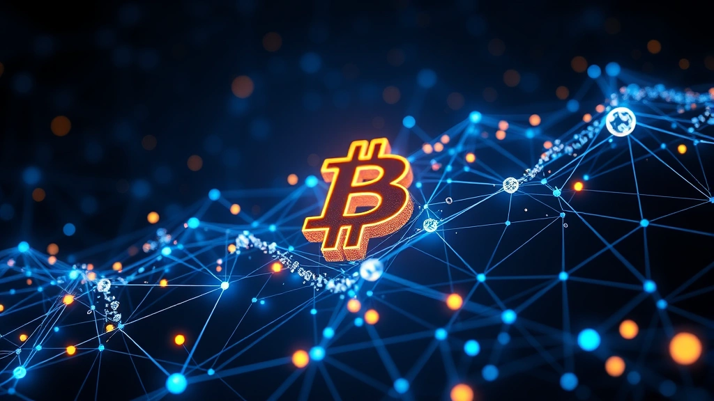 Futuristic digital visualization of Bitcoin blockchain technology with glowing network nodes and interconnected data streams, abstract cryptocurrency concept art, dark background with blue and gold accents