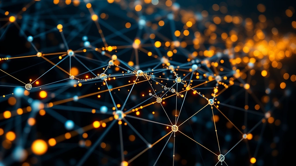 Blockchain technology visualization showing interconnected nodes and data transmission, cryptocurrency mining operation aesthetic, glowing network connections, photorealistic digital art style, no text or charts