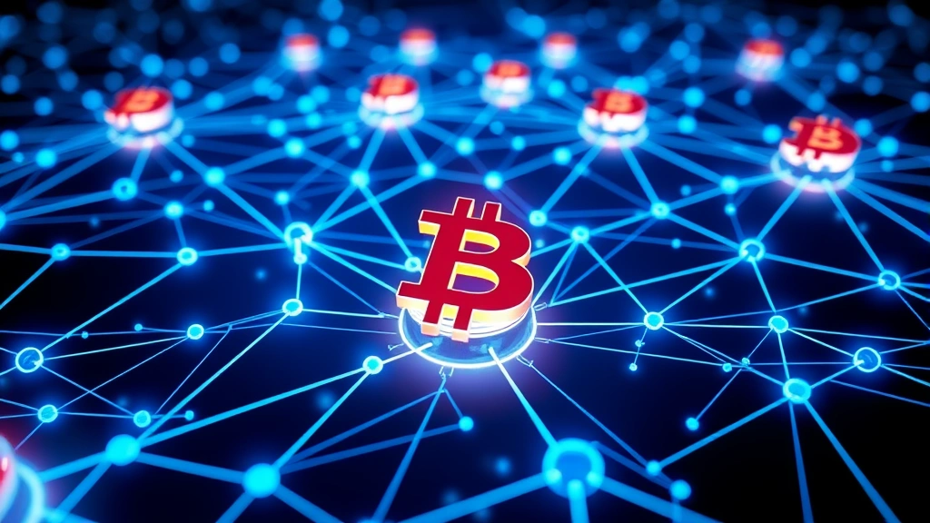 Blockchain network nodes interconnected with glowing blue lines, representing Bitcoin's decentralized infrastructure and network security mechanisms