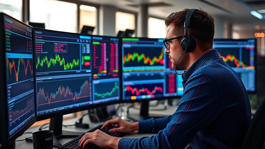 Cryptocurrency trader analyzing blockchain data on multiple monitors showing live market activity, focused professional environment, no charts or tickers visible