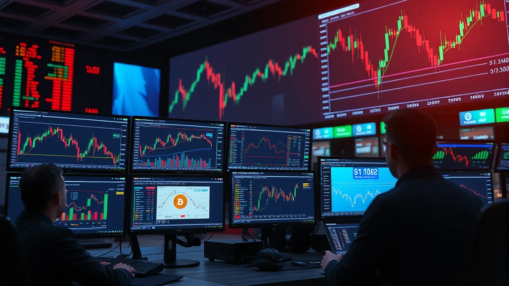 Cryptocurrency market trading floor with multiple monitors displaying Bitcoin price charts and technical analysis patterns, traders monitoring screens, professional trading environment