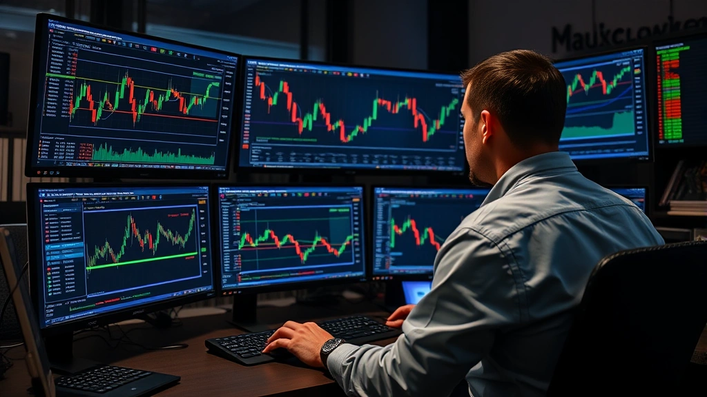 Cryptocurrency trader analyzing multiple computer monitors displaying price charts and market data, professional trading desk environment with financial analytics displayed