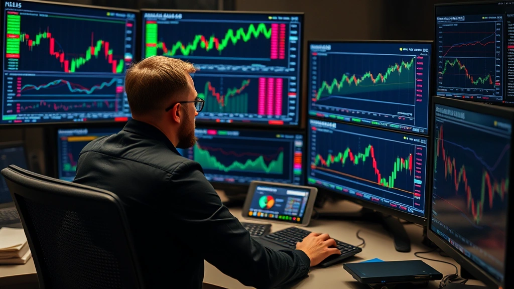 Investor analyzing cryptocurrency market data on multiple monitors in professional trading environment, charts and graphs visible but unreadable