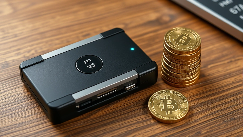 Secure hardware wallet device next to physical coins on wooden desk representing Bitcoin security and long-term hodling strategy, photorealistic, no text