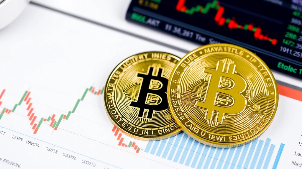 Physical Bitcoin coin placed on financial documents and charts showing market volatility, representing investment risk and cryptocurrency value analysis