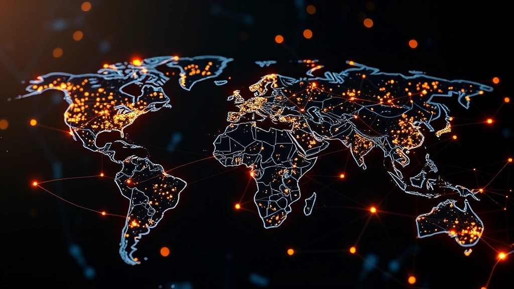 Photorealistic digital visualization of blockchain network nodes distributed globally with glowing connections, representing cryptocurrency network infrastructure and decentralized systems without any text or labels