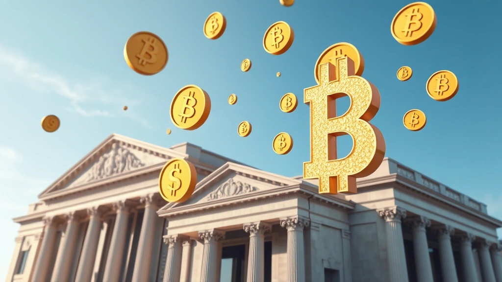 Photorealistic image of financial institution buildings with digital currency symbols floating above, representing institutional adoption and banking sector integration with blockchain technology, no text overlay