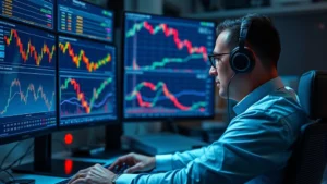 Photorealistic image of a cryptocurrency trader analyzing moving averages and golden cross patterns on multiple digital monitors in a modern trading office