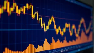 Photorealistic image of golden glowing candlestick chart patterns on a dark blue digital screen, representing cryptocurrency price movements and technical analysis indicators