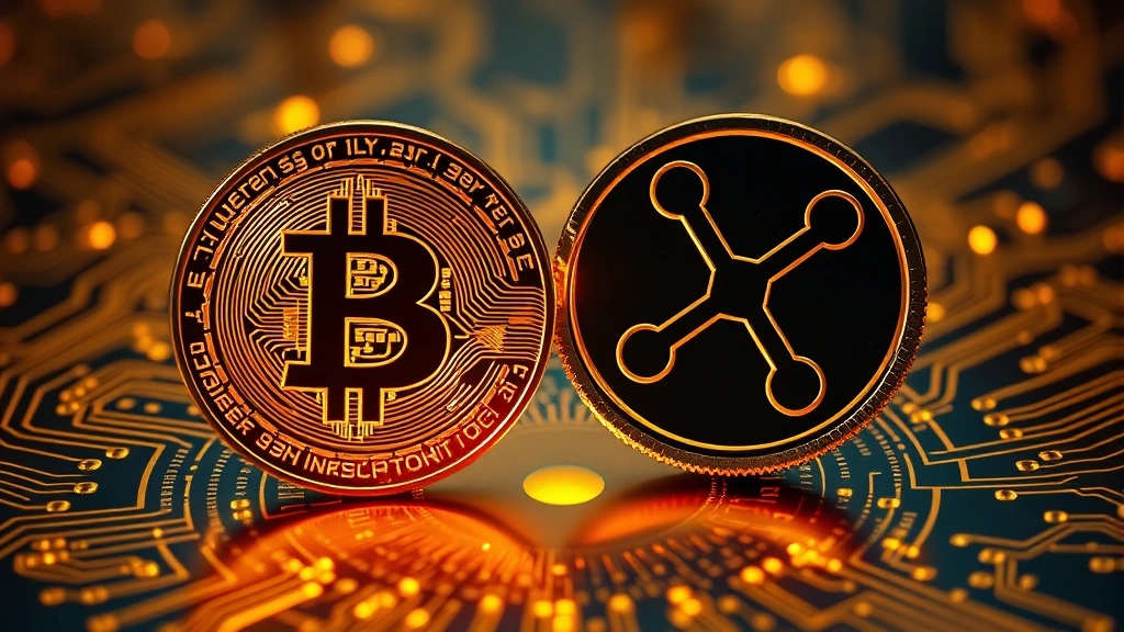 Photorealistic image of digital cryptocurrency coins Bitcoin and XRP tokens glowing with golden light, floating above circuit board patterns, representing golden cross technical analysis and bullish momentum in crypto markets