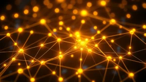 Blockchain network visualization with glowing golden nodes and connections representing cryptocurrency trading data flows