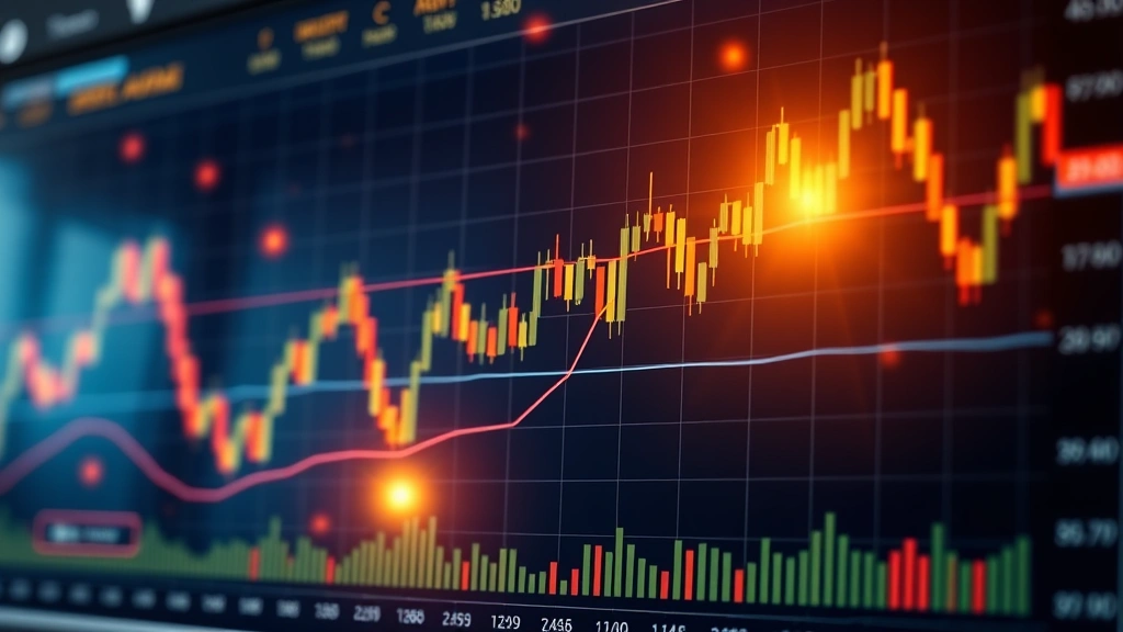 Photorealistic visualization of cryptocurrency trading dashboard with candlestick charts showing upward trending lines and moving average crossovers, featuring golden light effects symbolizing successful technical trading signals