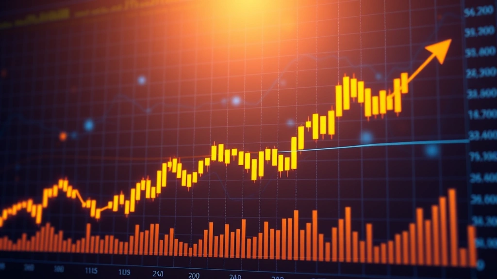 Digital financial chart showing upward trending candlesticks with golden light effects and market momentum