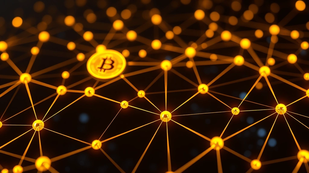 Photorealistic image of blockchain network nodes connected with golden glowing lines, representing Bitcoin and XRP network connectivity, decentralized technology infrastructure, and cryptocurrency market analysis
