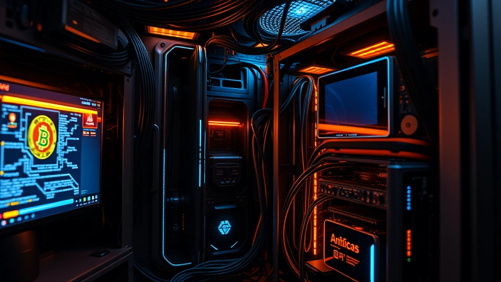 Cryptocurrency mining operation with golden ambient lighting reflecting off computer hardware and digital displays