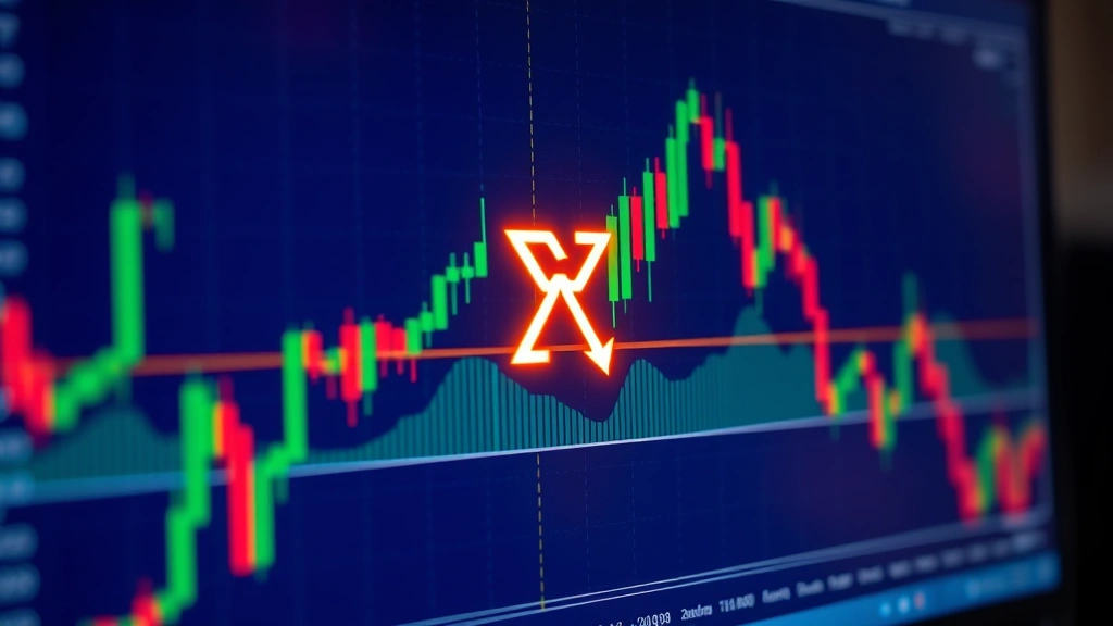 Photorealistic close-up of a computer monitor displaying cryptocurrency price charts with glowing golden crossover pattern on XRP technical analysis, candlesticks visible, blue and green color scheme, professional trading terminal aesthetic, no text or ticker symbols visible