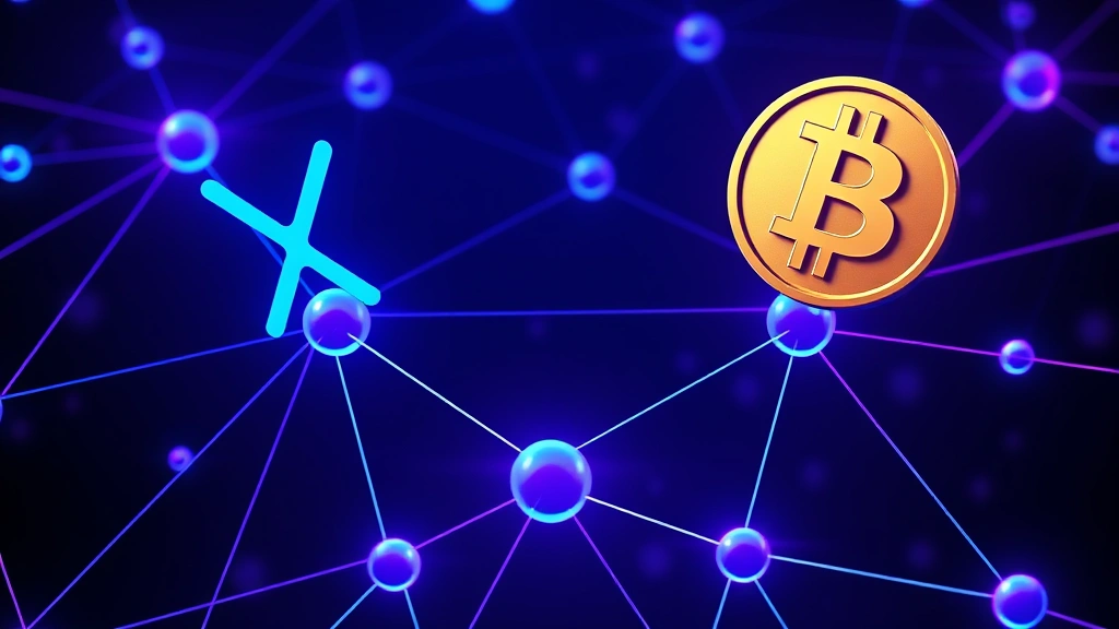 Photorealistic image of interconnected blockchain network nodes with XRP and Bitcoin symbols floating above them, representing market correlation and data flow between cryptocurrencies, digital visualization style with blue and purple lighting, no text elements