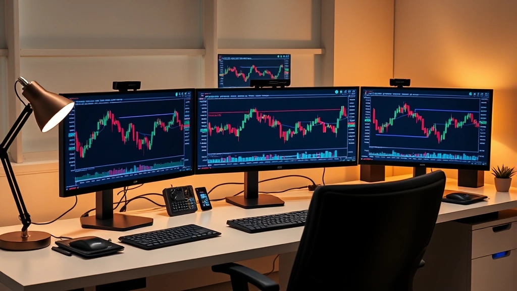 Photorealistic photograph of a professional crypto trader's desk with multiple monitors showing technical analysis charts, moving averages, and indicators, modern office setting, clean workspace, warm desk lamp lighting, no readable text on screens