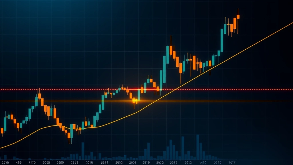 Candlestick chart showing cryptocurrency price action with golden moving average crossover, professional trading interface, ethereal blue and gold lighting on dark background