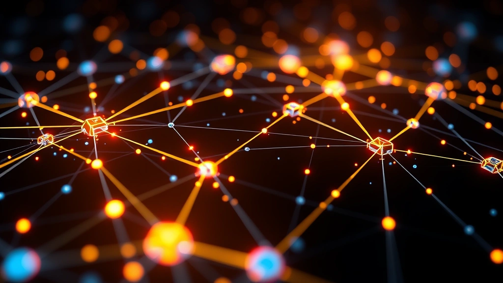 Digital blockchain network visualization showing interconnected nodes and data flow patterns representing cryptocurrency market infrastructure and trading mechanisms with glowing connection lines and distributed ledger technology representation