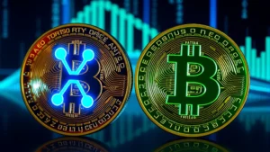 Photorealistic image of Bitcoin and XRP cryptocurrency coins side by side, glowing with blue and green neon lighting, representing comparison and contrast, digital blockchain background with data streams, no text or symbols
