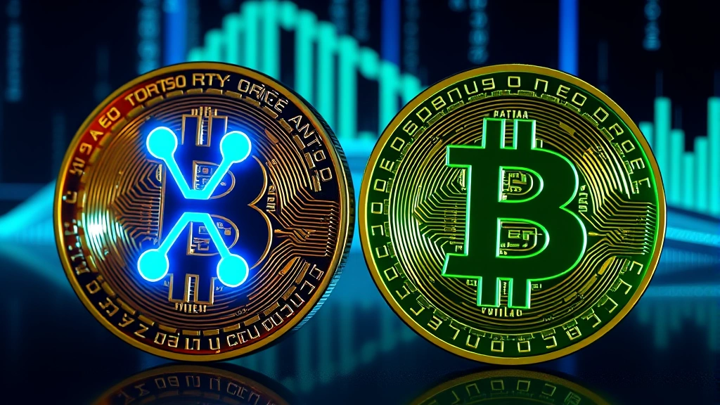Photorealistic image of Bitcoin and XRP cryptocurrency coins side by side, glowing with blue and green neon lighting, representing comparison and contrast, digital blockchain background with data streams, no text or symbols