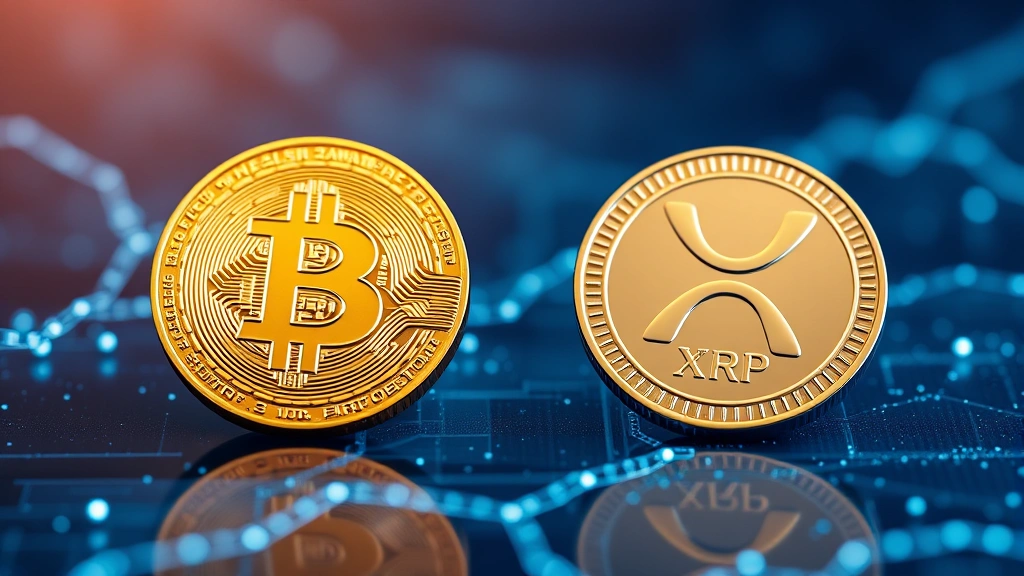 Photorealistic image of Bitcoin and XRP cryptocurrency coins side by side on a modern digital blockchain background with flowing light particles, no text or labels visible