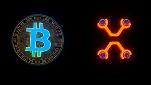Photorealistic image of glowing blue Bitcoin symbol and orange XRP symbol facing each other on a dark background, representing comparison and contrast between the two cryptocurrencies, no text, professional lighting, 4K quality