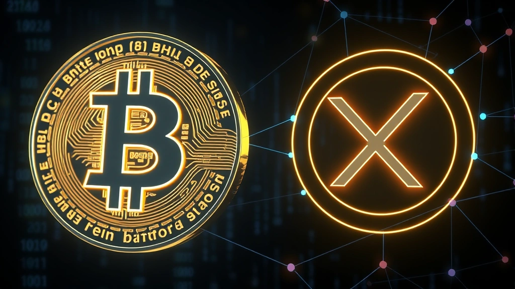 Photorealistic image of Bitcoin and XRP coin symbols glowing in a dark digital environment with blockchain network connections flowing between them, representing cryptocurrency comparison and data flow
