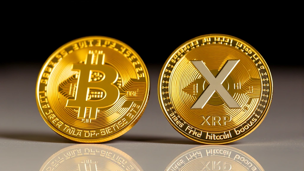Close-up of Bitcoin and XRP cryptocurrency coins side by side on a reflective surface, golden lighting, professional studio photography, no text or numbers visible, high-resolution macro shot