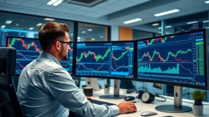 Professional cryptocurrency trader analyzing Bitcoin and XRP charts on multiple monitors in a modern fintech office, displaying blockchain data and market analytics on screen