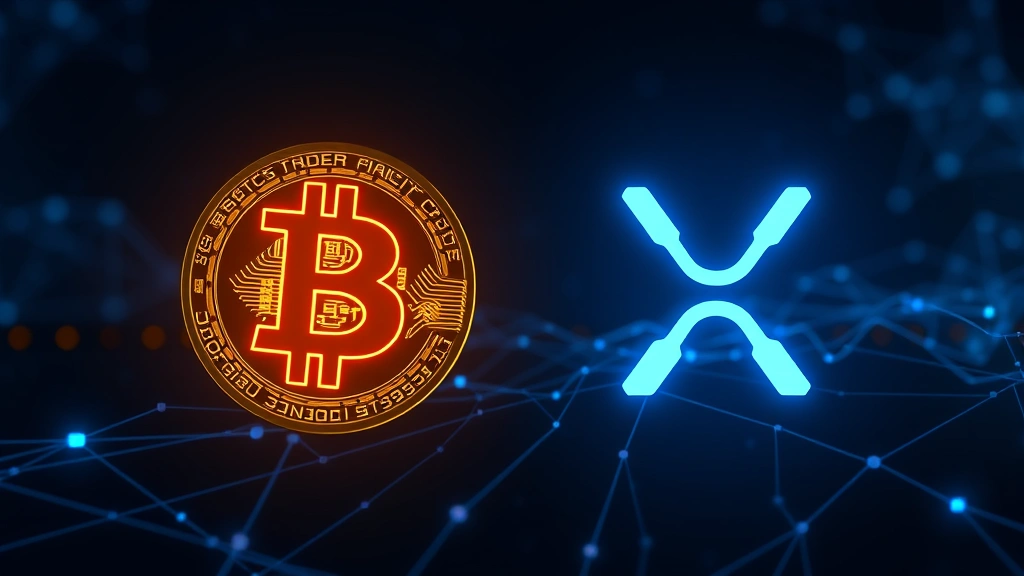 Photorealistic image showing a glowing Bitcoin symbol and XRP symbol side by side on a dark blue blockchain background with flowing data streams and network nodes, no text or charts