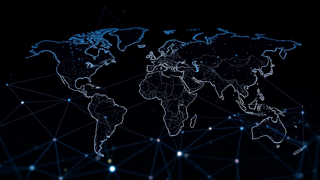 Realistic depiction of interconnected blockchain nodes forming a global network, with digital ledger entries and transaction flows visualized as light streams across a dark background, no text