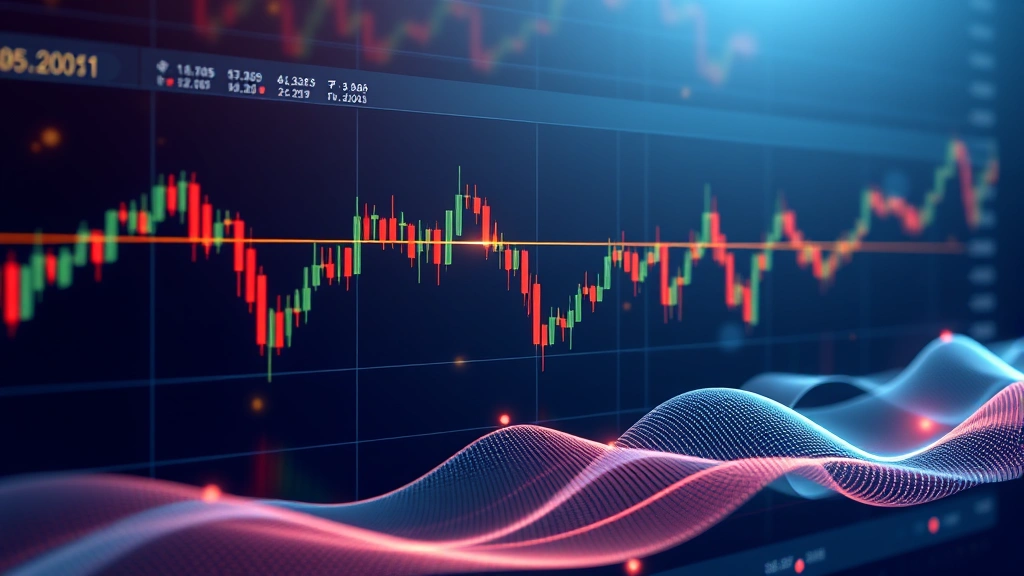 Photorealistic visualization of a modern cryptocurrency exchange trading platform with candlestick charts and trading activity shown as digital waves and light patterns, abstract and minimalist design