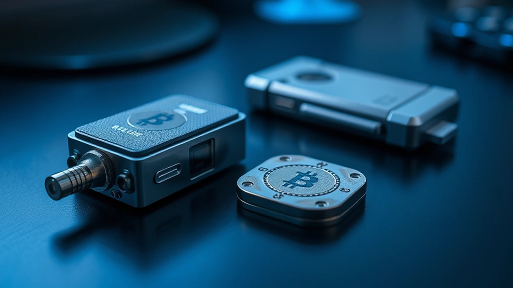Photorealistic photograph of a hardware security key and ledger device on a dark desk surface with soft blue lighting, representing cryptocurrency security and digital asset protection, shallow depth of field focusing on the devices