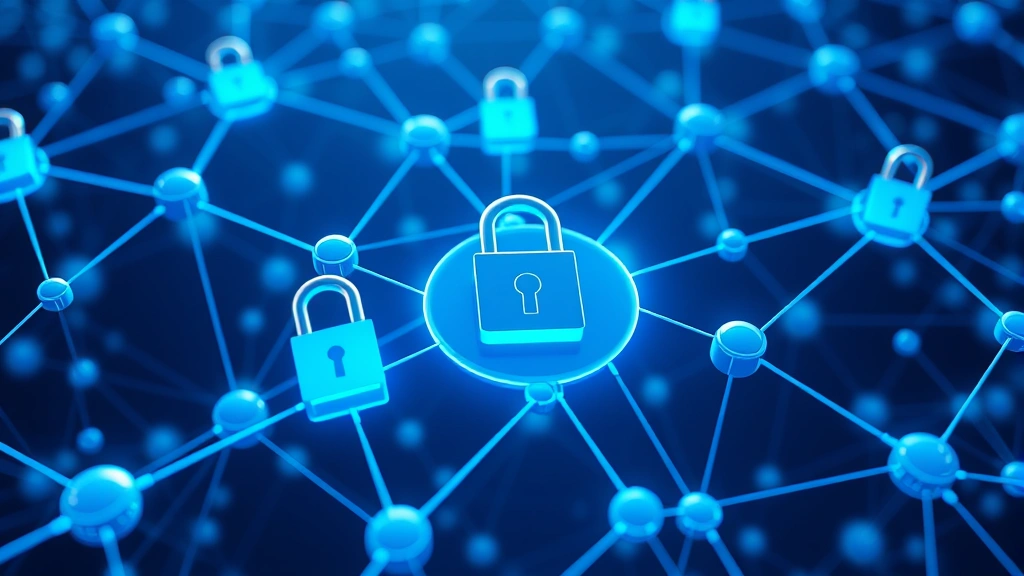 Secure blockchain network visualization with interconnected nodes and digital locks, representing cryptocurrency security and protection during large transactions, blue and cyan color scheme, photorealistic 3D rendering