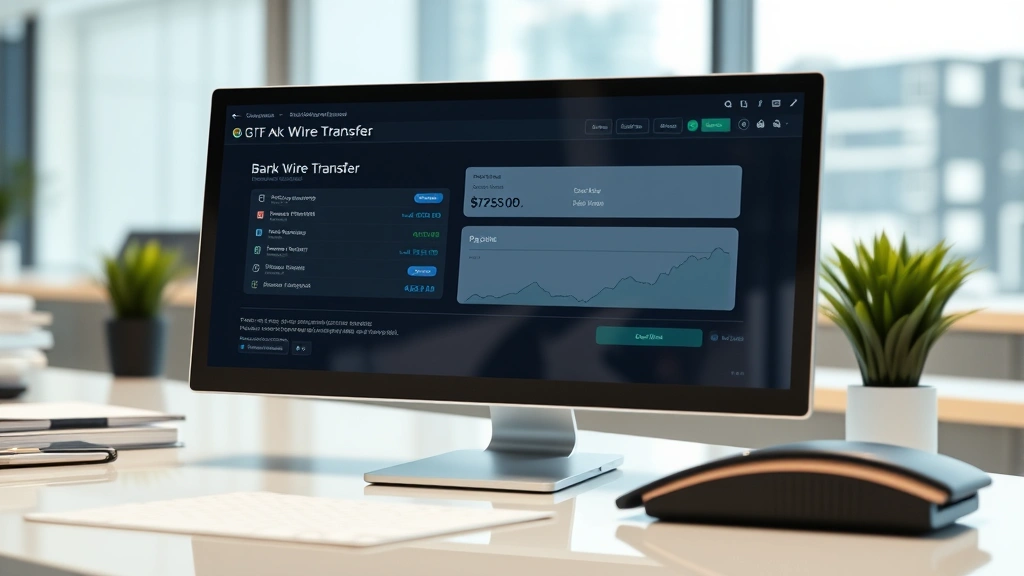 Photorealistic image of a bank wire transfer confirmation screen reflection on a professional's desk with cryptocurrency exchange interface visible, modern fintech workspace setting, clean minimalist aesthetic, no visible text or account details