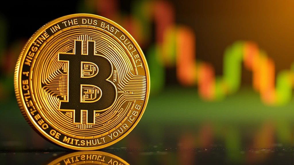 Photorealistic close-up of a physical Bitcoin coin with intricate details and reflective golden surface against a soft-focus background showing a stock market graph pattern out of focus