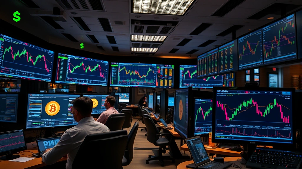 Cryptocurrency exchange trading floor atmosphere with multiple computer monitors displaying real-time price charts, traders analyzing data, modern office environment with Bitcoin and USD symbols visible