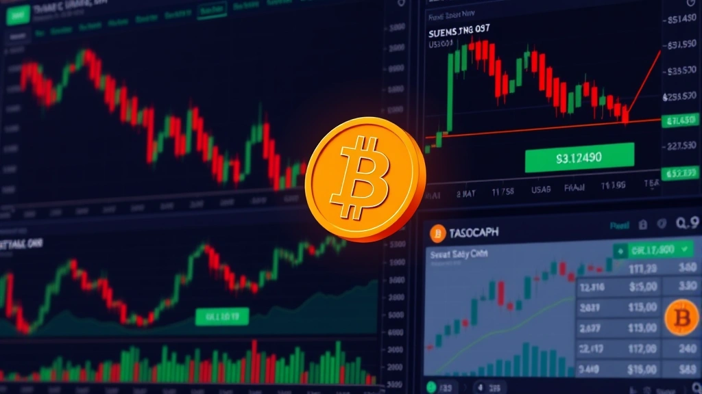 Cryptocurrency market trading dashboard with candlestick patterns and USD conversion data flowing across screens, representing real-time Bitcoin valuation and exchange rates